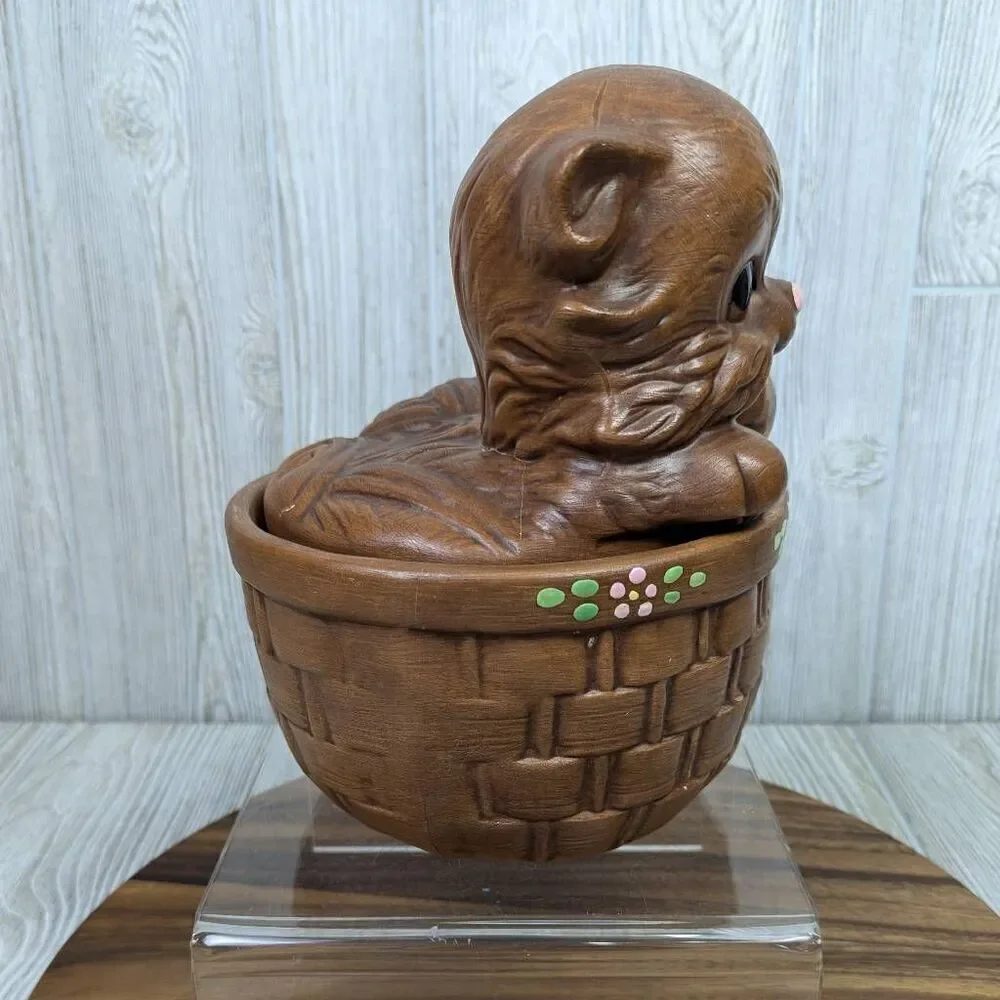 Vintage Twin Winton California Pottery Brown Cat Kitten In Basket Cookie Jar